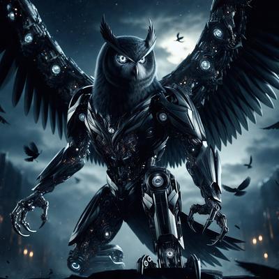 The primary subject of the image is a robotic owl, which is a futuristic and technological representation of an owl. The robotic owl is standing on a platform, surrounded by a dark and moody atmosphere. The setting includes a backdrop of a cityscape, which adds to the futuristic and technological theme of the image. The visual style of the image is a combination of digital art and illustration, creating a unique and intriguing scene.